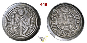 AQUILEIA VOLCHERO (1204-1218) Denaro D/ Il Patriarca in trono, con croce e vangelo R/ Aquila nimbata in volo, con rotolo fra gli artigli MIR 10 Bernar...