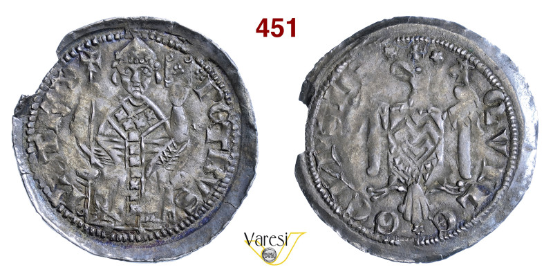 AQUILEIA PIETRO GERA (1299-1301) Denaro D/ Il Patriarca in trono, con croce e va...