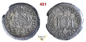 AQUILEIA PIETRO GERA (1299-1301) Denaro D/ Il Patriarca in trono, con croce e vangelo R/ Aquila ad ali spiegate MIR 29 Bernardi 33 Ag g 1,03 mm 21 • P...