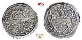 AQUILEIA OTTOBONO DEI ROBARI (1302-1315) Denaro D/ Il Patriarca seduto con croce e vangelo R/ Stemma MIR 31 Bernardi 35 Ag g 1,03 mm 21 BB