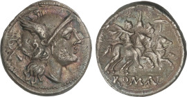 Roman Coins
Republic
Denario. 211-208 a.C. ANÓNIMO. ITALIA CENTRAL. Anv.: Cabeza de Roma a derecha con casco, detrás X. Rev.: Dióscuros a caballo a ...