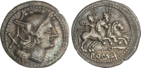 Roman Coins
Republic
Denario. 208-206 a.C. ANÓNIMO. Anv.: Cabeza de Roma a derecha con casco, detrás X. Rev.: Dióscuros a caballo a derecha, encima ...