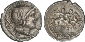 Roman Coins
Republic
Denario. 200-190 a.C. ANÓNIMO. Anv.: Cabeza de Roma con casco, detrás X. Rev.: Dióscuros a caballo a derecha, encima estrellas....