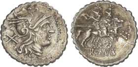 Roman Coins
Republic
Denario. 210-208 a.C. ANÓNIMO. SICILIA. Anv.: Cabeza de Roma a derecha, detrás X. Rev.: Dióscuros a caballo a derecha, encima e...