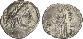 Roman Coins
Republic
Denario. 55 a.C. ACILIA. Man. Acilius Glabrio. Anv.: Cabeza laureada de la Salud a derecha, detrás SALVTIS de abajo a arriba. R...