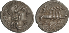 Roman Coins
Republic
Denario. 136 a.C. ANTESTIA. L. Antestius Gragulus. Anv.: Cabeza de Roma a derecha, delante estrella, detrás GRAG. Rev.: Júpiter...