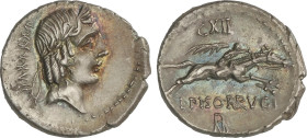 Roman Coins
Republic
Denario. 90-89 a.C. CALPURNIA. L. Calpurnius Piso Frugi. Anv.: Cabeza de Apolo a derecha, detrás número XXXXVII. Rev.: Jinete c...