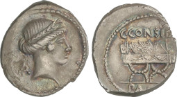 Roman Coins
Republic
Denario. 46 a.C. CONSIDIA. C. Considius Paetus. Anv.: Cabeza laureada de Apolo a derecha, detrás A. Rev.: Silla curul sobre la ...