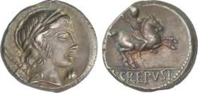 Roman Coins
Republic
Denario. 82 a.C. CREPUSIA. Publius Crepusius. Anv.: Cabeza laureada de Apolo a derecha, delante símbolo, detrás cetro. Rev.: Ji...