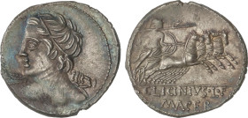 Roman Coins
Republic
Denario. 84 a.C. LICINIA. C. Licinius L.f. Macer. Anv.: Cabeza diademada de Apolo Vejovis a izquierda. Rev.: Minerva en cuadrig...