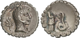 Roman Coins
Republic
Denario. 64 a.C. ROSCIA. L. Roscius. Anv.: Cabeza de Juno Sospita tocado con piel de cabra a derecha, detrás hoja de laurel, de...