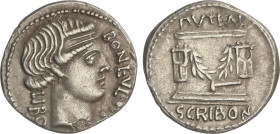 Roman Coins
Republic
Denario. 62 a.C. SCRIBONIA. L. Scribonius Libo. Anv.: Cabeza diademada de Bonus Eventus a derecha. LIBO-BON EVENT. Rev.: Martil...