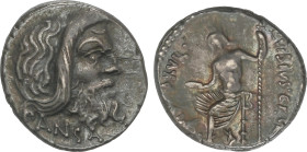 Roman Coins
Republic
Denario. 48 a.C. VIBIA. C. Vibius C.f. C.n. Pansa. Anv.: Máscara de Pan a derecha, debajo PANSA. Rev.: Júpiter Axur sentado a i...