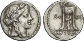 Roman Coins
Republic
Denario. 81 a.C. VOLTEIA. M. Volteius M.f. Anv.: Cabeza de Apolo a derecha. Rev.: Trípode con serpiente entre S.C. y D.T. En ex...