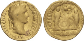 Roman Coins
Empire
Áureo. 2 a.C.-14 d.C. AUGUSTO. LUGDUNUM. Anv.: CAESAR AVGVSTVS DIVI F. PATER PATRIAE. Cabeza laureada de Augusto a derecha. Rev.:...