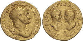 Roman Coins
Empire
Áureo. 112-117 d.C. TRAJANO, TRAJANO PADRE y NERVA. Anv.: IMP. TRAIANVS AVG. GER. DAC. P. M. TR. P. COS. VI P. P. Busto laureado ...