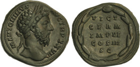 Roman Coins
Empire
Sestercio. 161-180 d.C. MARCO AURELIO. Anv.: M. ANTONINVS AVG. TRP. XXVII. Busto laureado a derecha. Rev.: VICT / GERM / IMP VI /...