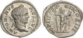 Roman Coins
Empire
Denario. 201-210 d.C. CARACALLA. Anv.: ANTONINVS PIVS AVG. Busto adulto a derecha. Rev.: PONTIF. TR. P. XII. COS. III. Virtud en ...