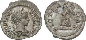 Roman Coins
Empire
Denario. 201-210 d.C. CARACALLA. Anv.: ANTONINVS PIVS AVG. Busto adolescente a derecha. Rev.: VICT. PART. MAX. Victoria en pie a ...