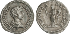 Roman Coins
Empire
Denario. 199-202 d.C. GETA. Anv.: P. SEPT. GETA. CAES. PONT. Busto niño a derecha. Rev.: FELICITAS AVGG. Felicidad en pie a izqui...