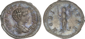 Roman Coins
Empire
Denario. 200-202 d.C. GETA. Anv.: P. SEPT. GETA. CAES. PONT. Busto infantil a derecha acorazado. Rev.: NOBILITAS. Nobleza en pie ...