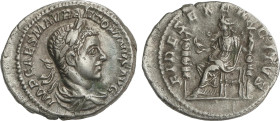 Roman Coins
Empire
Denario. 219 d.C. HELIOGÁBALO. Anv.: IMP. CAES. ANTONINVS AVG. Busto laureado a derecha. Rev.: FIDES EXERCITVS. Fe sentada a izqu...