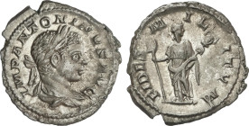 Roman Coins
Empire
Denario. 219 d.C. HELIOGÁBALO. Anv.: IMP. ANTONINIVS AVG. Busto laureado. Rev.: FIDES MILITVM. Fe en pie de frente cabeza a derec...