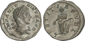 Roman Coins
Empire
Denario. 219-220 d.C. HELIOGÁBALO. Anv.: IMP. ANTONINVS AVG. Busto laureado a derecha. Rev.: LAETITIA PVBL. Alegría en pie a izqu...