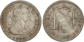 Spanish Monarchy
Charles III
2 Reales. 1772. GUATEMALA. P. 6,68 grs. Marca de ceca: G. Defecto de acuñación en reverso, parcialmente floja. ESCASA. ...