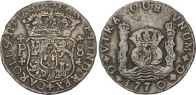 Spanish Monarchy
Charles III
8 Reales. 1770. GUATEMALA. P. 26,11 grs. Columnario. (Leves hojitas, intento de perforación). Pátina. MUY ESCASA. AC-10...