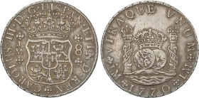 Spanish Monarchy
Charles III
8 Reales. 1770. LIMA. J.M. 26,87 grs. Columnario. Pátina. AC-1031. MBC+.