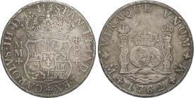 Spanish Monarchy
Charles III
8 Reales. 1762. MÉXICO. M.M. 26,78 grs. Columnario. Cruz entre H e I. (Rayitas y leves oxidaciones). AC-1080.