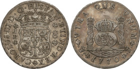 Spanish Monarchy
Charles III
8 Reales. 1770. POTOSÍ. J.R. 26,92 grs. Columnario. Rosetas de 4 pétalos. Puntos encima de los anagramas de la ceca. Pá...