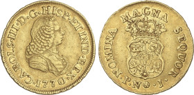 Spanish Monarchy
Charles III
2 Escudos. 1770. POPAYÁN. J. 6,67 grs. Busto de Fernando VI. AC-1624. MBC+.