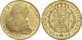 Spanish Monarchy
Charles III
8 Escudos. 1780. POPAYÁN. S.F. 26,9 grs. (Golpecito en canto del reverso, marquitas y leves rayitas). Brillo original. ...