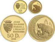 World Coins
Andorra
Lote 2 monedas 5 y 50 Diners. 1992 y 1996. 1,56 y 15,59 grs. AU. Fauna Salvaje: Oso. Fr-15, 28, KM-77, 118. PROOF.