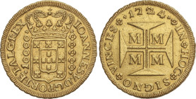 World Coins
Brazil
10.000 Reis. 1724. JOAO V. MINAS GERAIS. 26,77 grs. AU. Primer año de acuñación. Probablemente ha estado en aro. (Múltiples golpe...