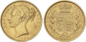 World Coins
Great Britain
Sovereign. 1864. VICTORIA. 7,93 grs. AU. 23 debajo del escudo. Fr-387i, KM-736, 2. MBC+.