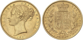 World Coins
Great Britain
Sovereign. 1865. VICTORIA. 7,94 grs. AU. 13 debajo del escudo. Fr-387i, KM-736, 2. MBC+/EBC-.