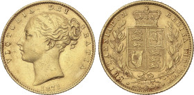 World Coins
Great Britain
Sovereign. 1871. VICTORIA. 7,96 grs. AU. 102 debajo del escudo. Fr-387i, KM-736, 2. EBC-.