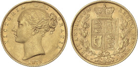 World Coins
Great Britain
Sovereign. 1873. VICTORIA. 7,93 grs. AU. 13 debajo del escudo. Fr-387i, KM-736, 2. MBC+/EBC-.