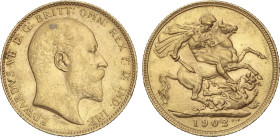 World Coins
Great Britain
Sovereign. 1902. EDWARD VII. 7,96 grs. AU. Rayita de acuñación en anverso. Fr-400, KM-805. EBC-/EBC.