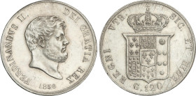 World Coins
Italian States
120 Grana. 1856. FERDINANDO II. NÁPOLES y SICILIA. 27,43 grs. AR. (Rayitas y golpecitos). KM-370. EBC-.