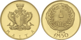 World Coins
Malta
50 Pounds. 1974. 15 grs. AU. Fr-55, KM-28. FDC.