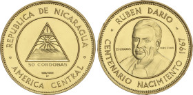 World Coins
Nicaragua
50 Cordobas. 1967. 35,57 grs. AU. Centenario de Ruben Dario. Fr-1, KM-25. SC.