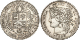 World Coins
Peru
5 Pesetas. 1880. LIMA. B.F. 24,95 grs. AR. Con punto después de la B debajo la corona. (Pequeños golpecitos). KM-201.2. EBC-.