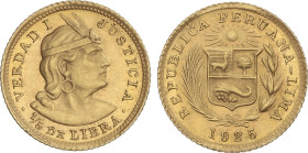 World Coins
Peru
1/5 Libra. 1925. LIMA. 1,59 grs. AU. Busto de Indio diademado. Brillo original. Fr-75, KM-210. EBC+/EBC.