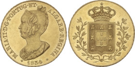 World Coins
Portugal
Peça (6.400 Reis). 1834. MARIA II. 14,32 grs. AU. (Hojita en anverso). Brillo original, bella. Fr-141, KM-405. EBC-/EBC.