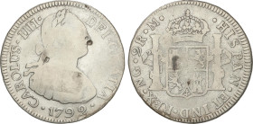 Spanish Monarchy
Charles IV
2 Reales. 1792. GUATEMALA. M. 6,38 grs. Primer busto propio. (Golpecitos en anverso). ESCASA. AC-549. BC+.