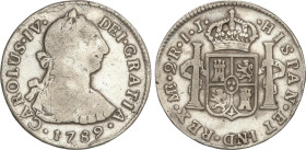 Spanish Monarchy
Charles IV
2 Reales. 1789. LIMA. I.J. 6,45 grs. Busto de Calos III. Ordinal IV. (Golpecitos). AC-567. BC+/MBC.